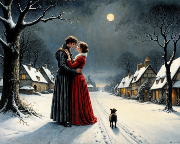 Romantic Winter Scene in a Snow-Covered Village