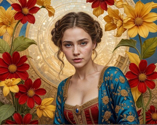 Young woman in blue gown with floral backdrop