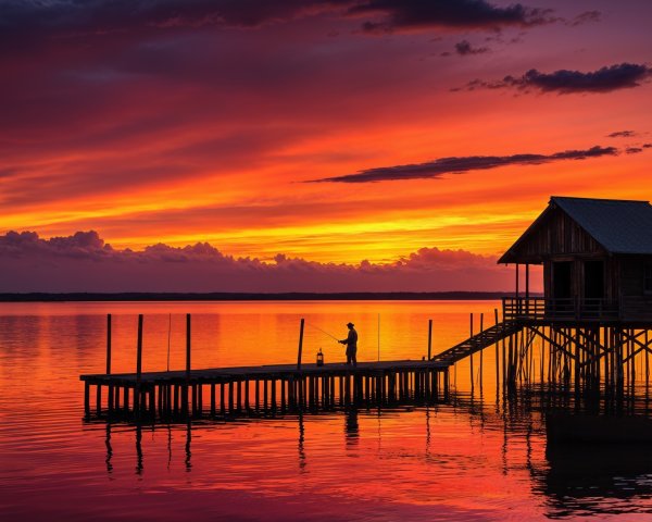 Tranquil Dusk Scene with Fisherman and Boathouse