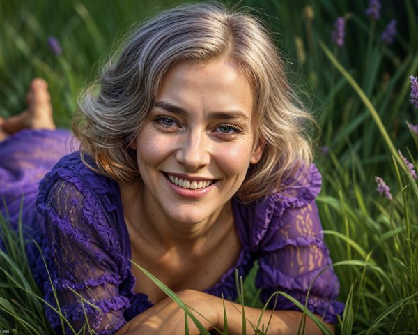 Young woman in purple dress in a green field