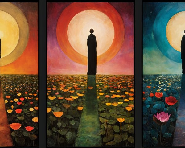 Triptych of Silhouetted Figure and Vibrant Suns