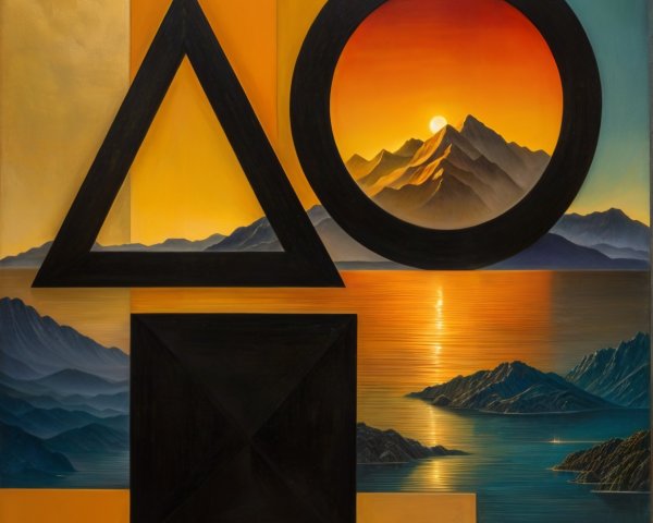 Geometric Shapes Against a Serene Sunset Landscape