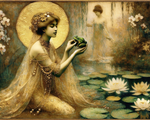 Serene Woman in Golden Gown by Shimmering Pond