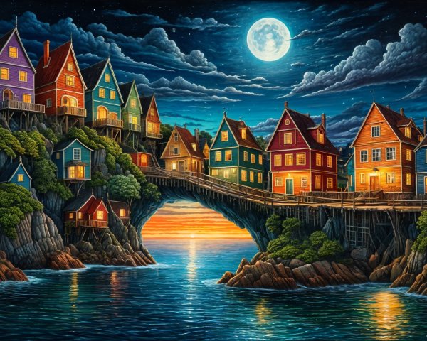 Coastal Village at Dusk with Colorful Houses and Bridge