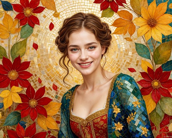Young woman in colorful garment against mosaic backdrop