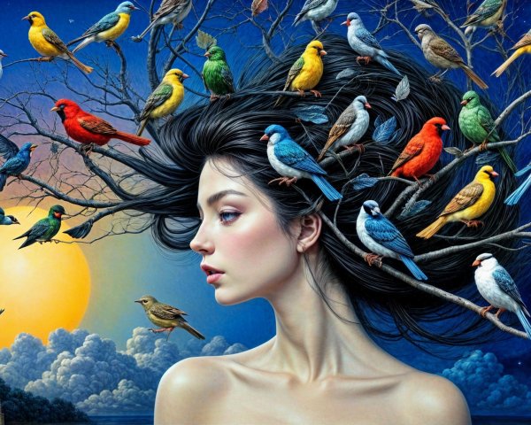 Young Woman Transforms into Tree with Colorful Birds