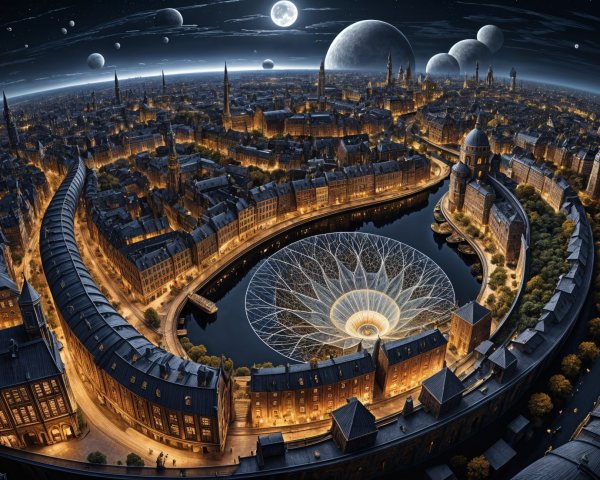 Aerial View of a Futuristic City at Night