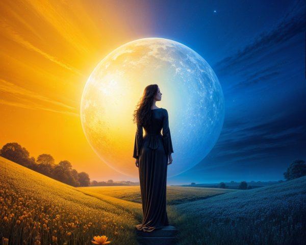 Silhouette of a Woman in Vibrant Landscape at Twilight