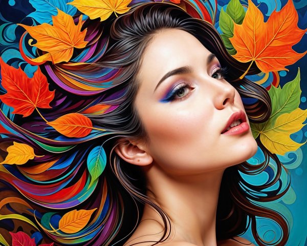 Woman with Vibrant Makeup Amid Colorful Autumn Leaves
