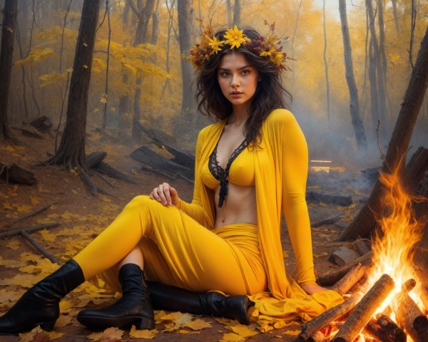 Woman by Fire in Autumn Forest with Floral Crown