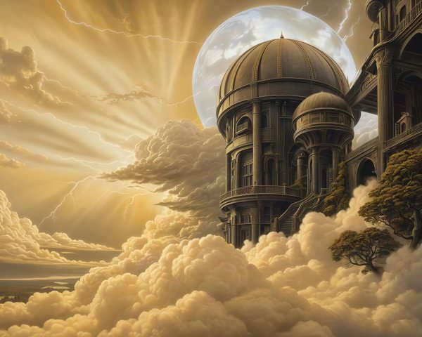 Majestic Multi-Tiered Structure Above Golden Clouds