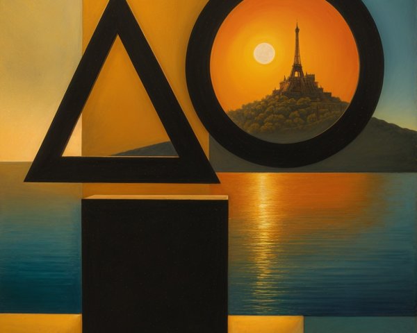 Surreal Composition with Geometric Shapes and Sunset