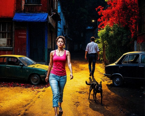 Woman in Pink Tank Top Walking in Urban Street Scene