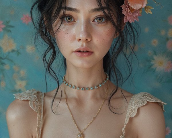Young Woman in Floral Dress with Ethereal Beauty