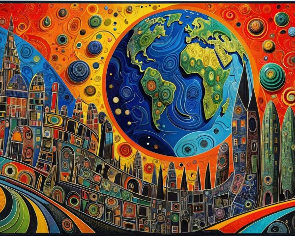 Vibrant Abstract Artwork of Earth with Geometric Towers