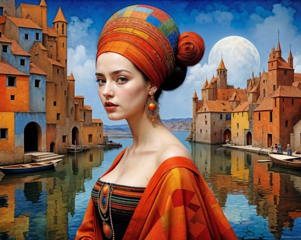 Young Woman in Orange Attire by Serene Waterway