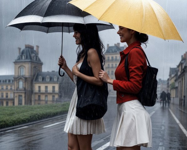 Women with umbrellas in a rainy urban setting