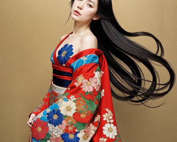 Young Woman in Vibrant Red Kimono with Floral Patterns