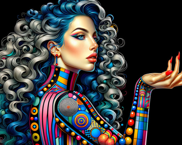 Striking Woman with Blue and Silver Curly Hair