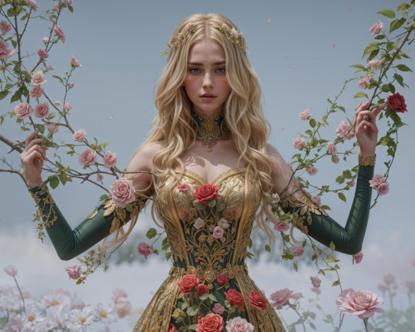 Young Woman in Gold Gown Surrounded by Roses