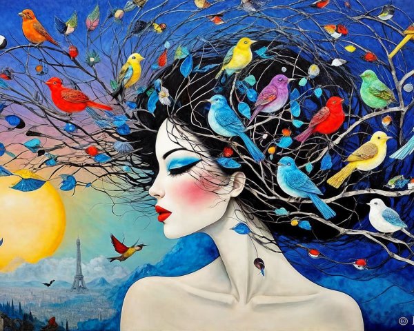 Serene woman with branch hair and sunset background