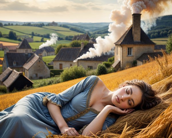 Young Woman in Vintage Dress in Idyllic Rural Landscape