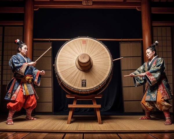 Traditional Japanese Drummers in Serene Indoor Setting
