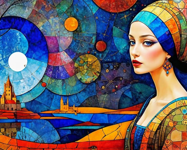 Serene Woman in Vibrant Stained-Glass Colors