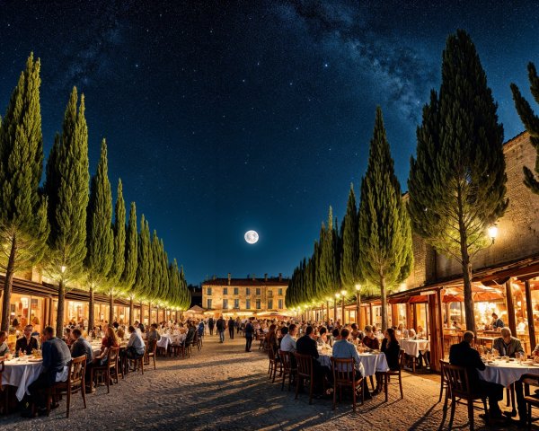 Outdoor Restaurant Scene at Night with Starry Sky