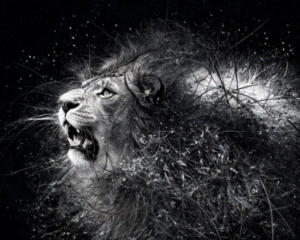 Black and White Lion Head with Intricate Mane Details