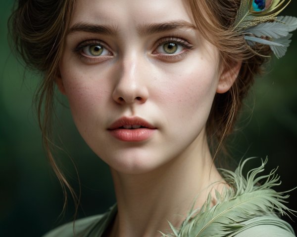 Young woman with green eyes in flowing pale green attire