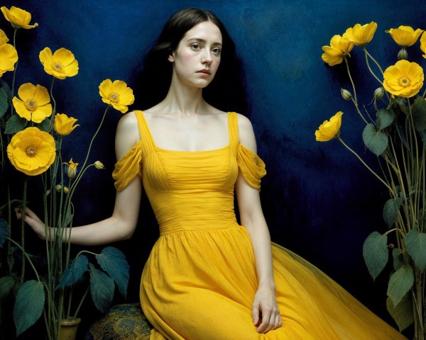 Young Woman in Yellow Dress Against Blue Background