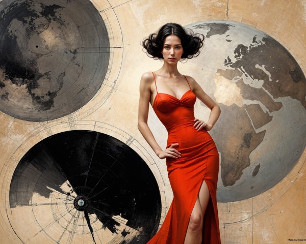 Model in Red Gown Against Vintage Artistic Background