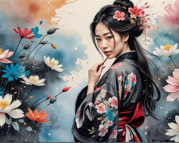 Woman in Kimono Surrounded by Vibrant Watercolor Flowers