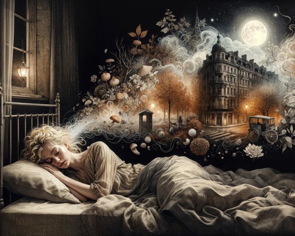 Serene Scene of a Woman Sleeping with Dreamy Elements