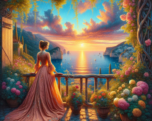 Woman in dress on balcony overlooking tranquil sea sunset