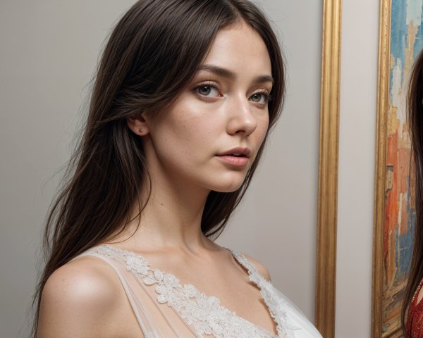 Young woman in elegant outfit with artistic background
