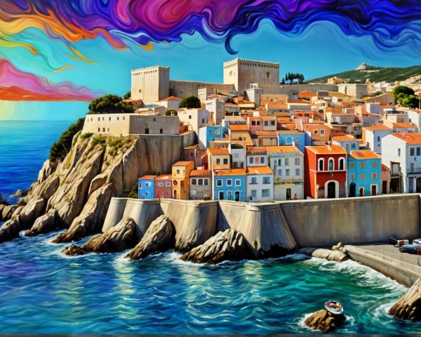 Vibrant Coastal Village with Cliffs and Turquoise Waters