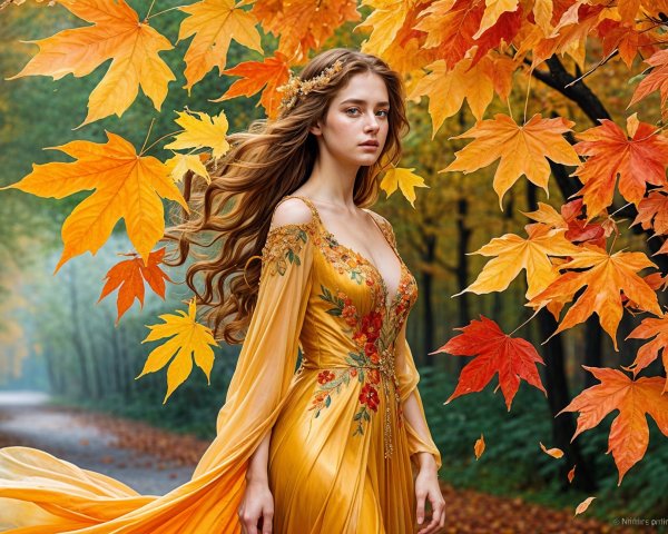 Young woman in yellow gown among autumn foliage