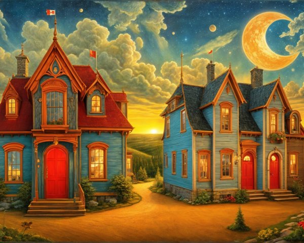 Charming Houses in Twilight with Lush Greenery
