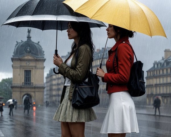 Women with Umbrellas in Rainy Cityscape