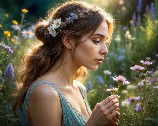 Young Woman in a Flower-Filled Meadow Scene