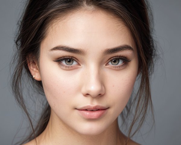 Young woman with striking features and serene expression