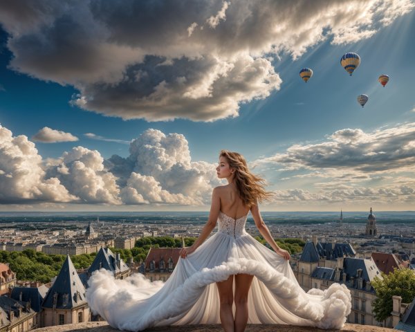 Woman in White Dress Overlooking Scenic Landscape