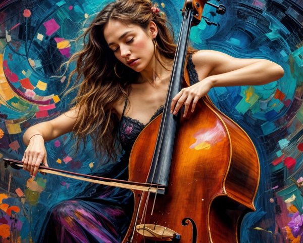 Young Woman Playing Cello in Abstract Colorful Setting