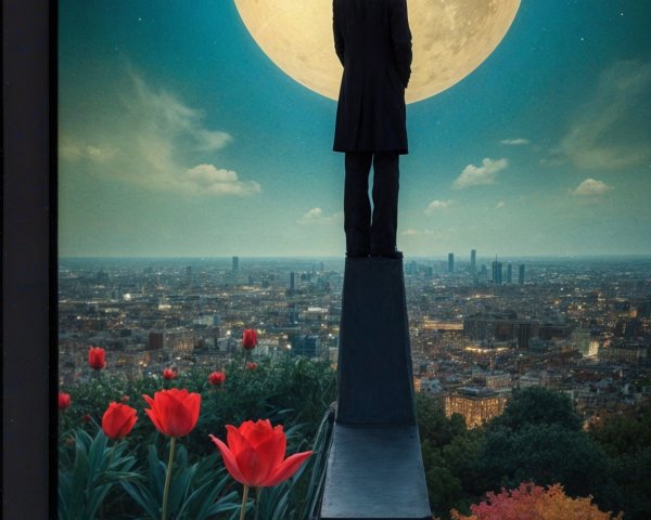 Rooftop Figure Overlooking City Under Full Moon