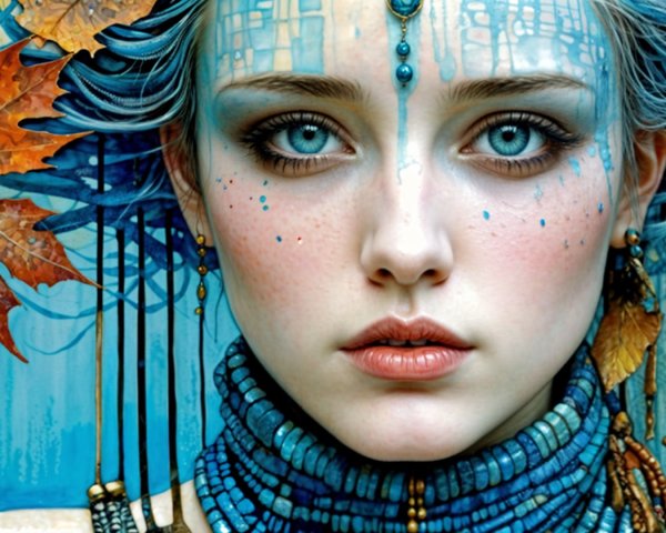 Portrait of a Young Woman with Blue Face Paint
