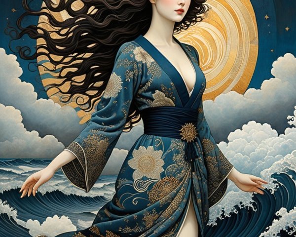 Serene Woman in Blue Kimono Surrounded by Waves