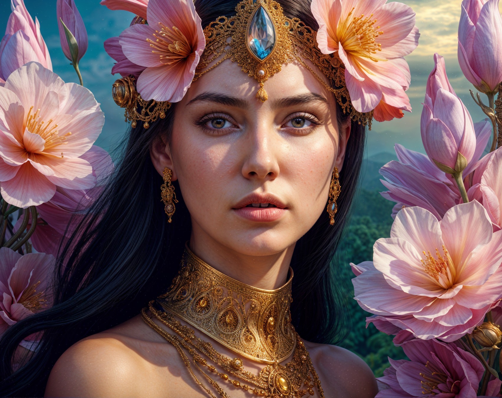 Ethereal Woman in Gold Jewelry Among Pink Flowers