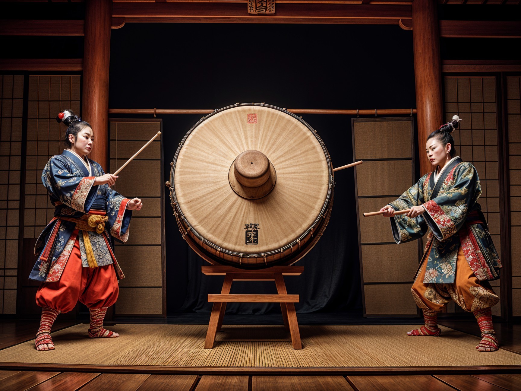 Traditional Japanese Drummers in Serene Indoor Setting